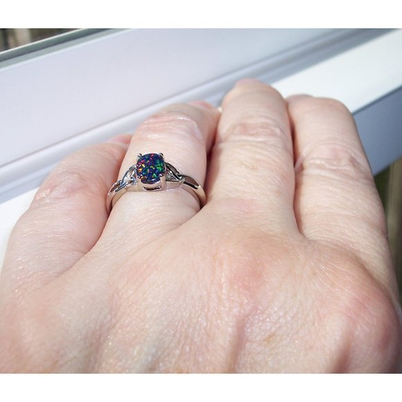 925 STERLING SILVER  Oval Lab Created Black Opal Ring - Picture 6 of 16